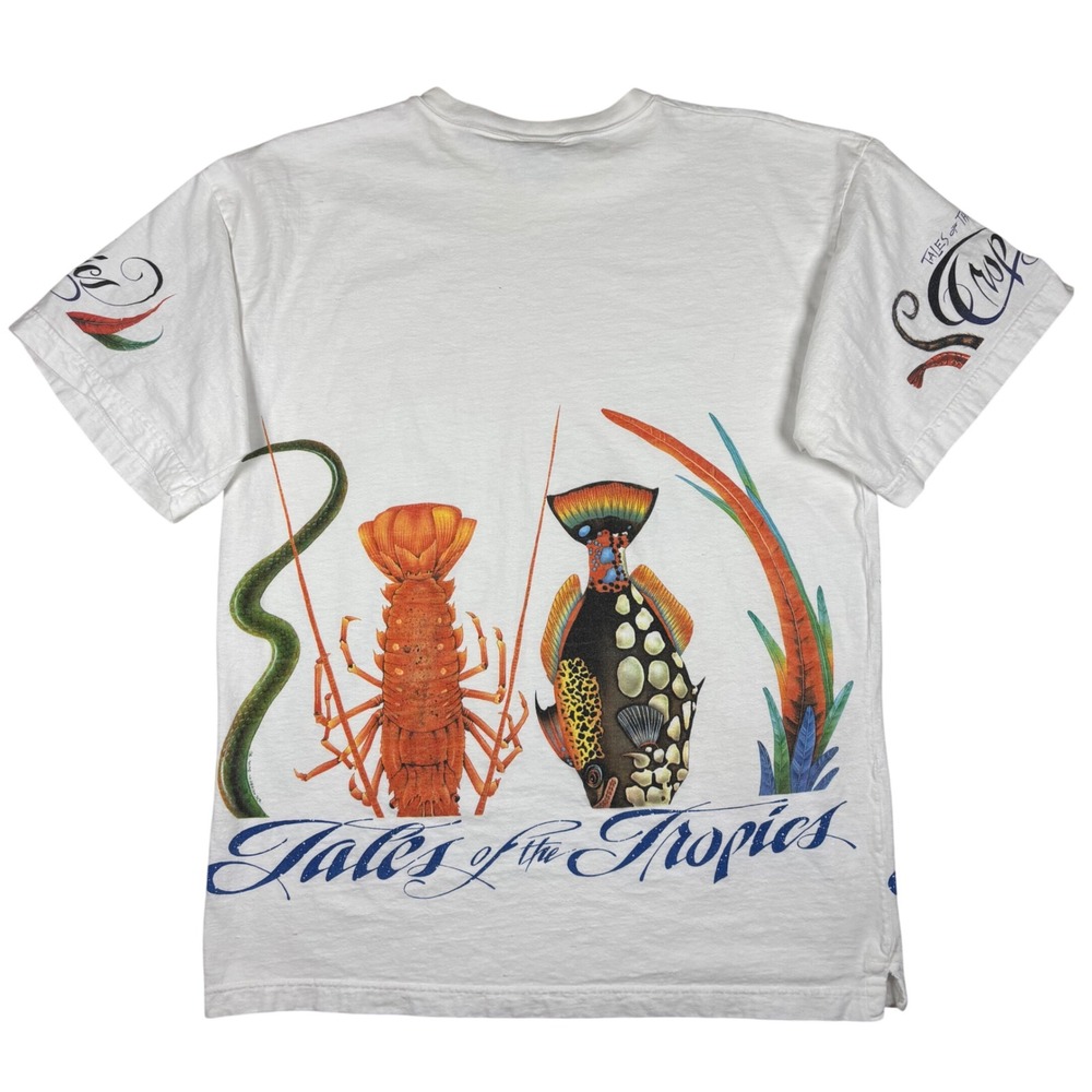 Vintage AOP T-Shirt Mens White USA Y2K Surf Whale Lizard Skater Beach - Picture 2 of 8